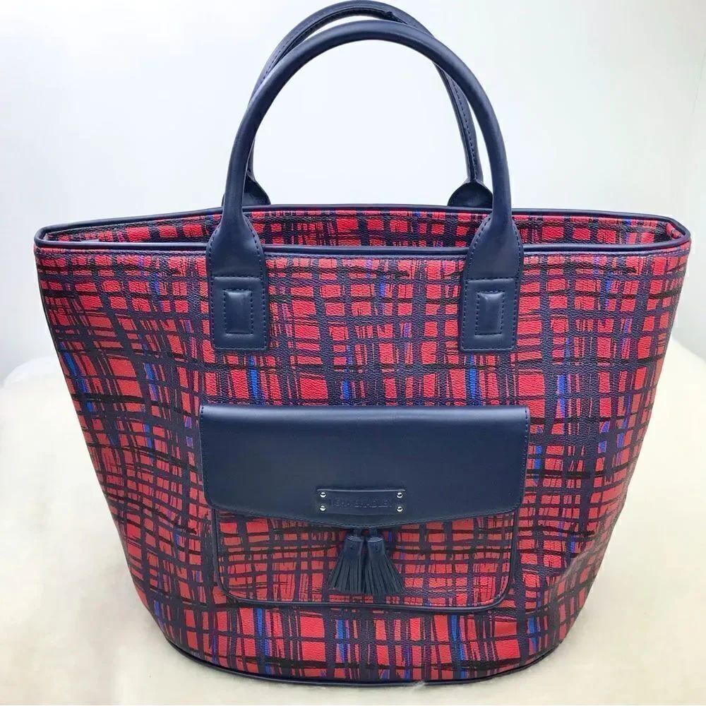 Very Bradley Red Blue Linear Graphic Double Handle Like New Travel Tote